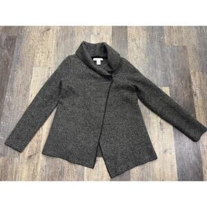 Ellen Tracy Herringbone Wool Blend Cowl Neck Wrap Cardigan Sweater Black White L